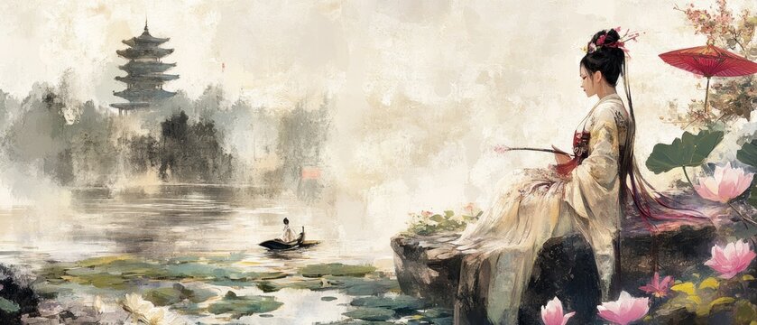 Model of a paint watercolor painting of a woman in traditional Chinese clothing with a view background wallpaper AI generated image
