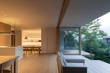 Fototapeta premium Modern Minimalist Home with Wooden Flooring and Large Windows
