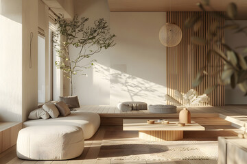 Modern interior japandi style design livingroom. Lighting and sunny scandinavian apartment with plaster and wood. 3d render. Generative Ai.