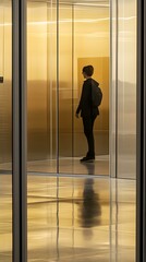 Silhouette of a Woman Standing in a Modern Glass Elevator