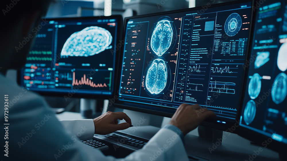 Poster a close-up of a medical professional's hands on the controls of an mri machine, with ai-enhanced ima