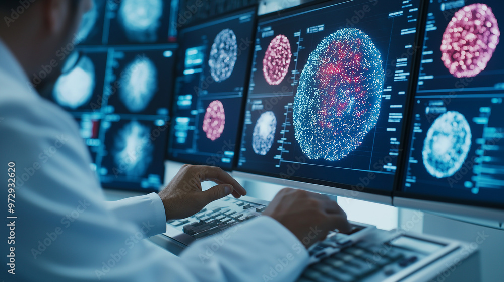 Aufkleber a close-up of a medical professional's hands on the controls of an mri machine, with ai-enhanced ima