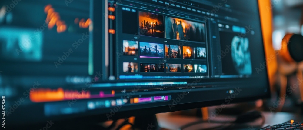 Fototapete Computer monitor screen display of photo video editing process with modern software background wallpaper AI generated image