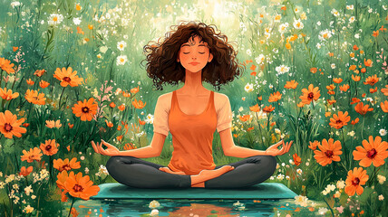 Serene woman meditating surrounded by blooming flowers in peaceful nature