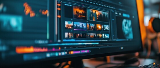 Computer monitor screen display of photo video editing process with modern software background wallpaper AI generated image