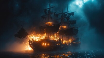 Obraz premium 14. Halloween pirates sailing on a ghost ship, with glowing skeletal crews, a tattered black flag, and misty waters under a stormy night sky