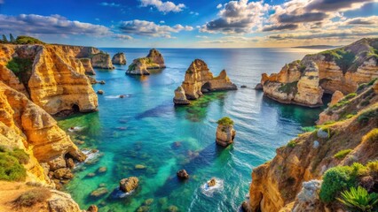 Scenic view of Ponta da Piedade rock formations in Lagos, Algrave, ocean, rocks, cliffs, coastline, dramatic, scenic, natural