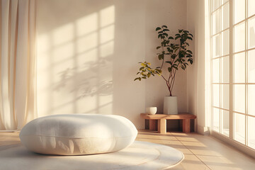 Modern interior japandi style design livingroom. Lighting and sunny scandinavian apartment with plaster and wood. 3d render. Generative Ai.