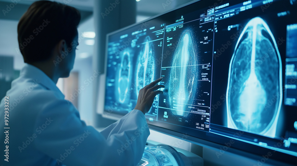 Poster a radiologist operating a next-gen mri machine, with ai-processed imaging data projected on multiple
