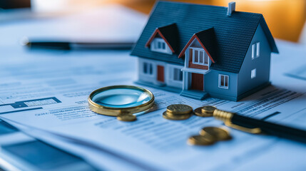 A detailed model of a house sits atop paperwork, surrounded by a magnifying glass, a pen, and scattered coins, symbolizing the meticulous planning and investment in real estate.