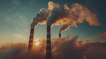 visual representation of industrial air pollution, showcasing toxic gases and smoke entering the sky and degrading air quality