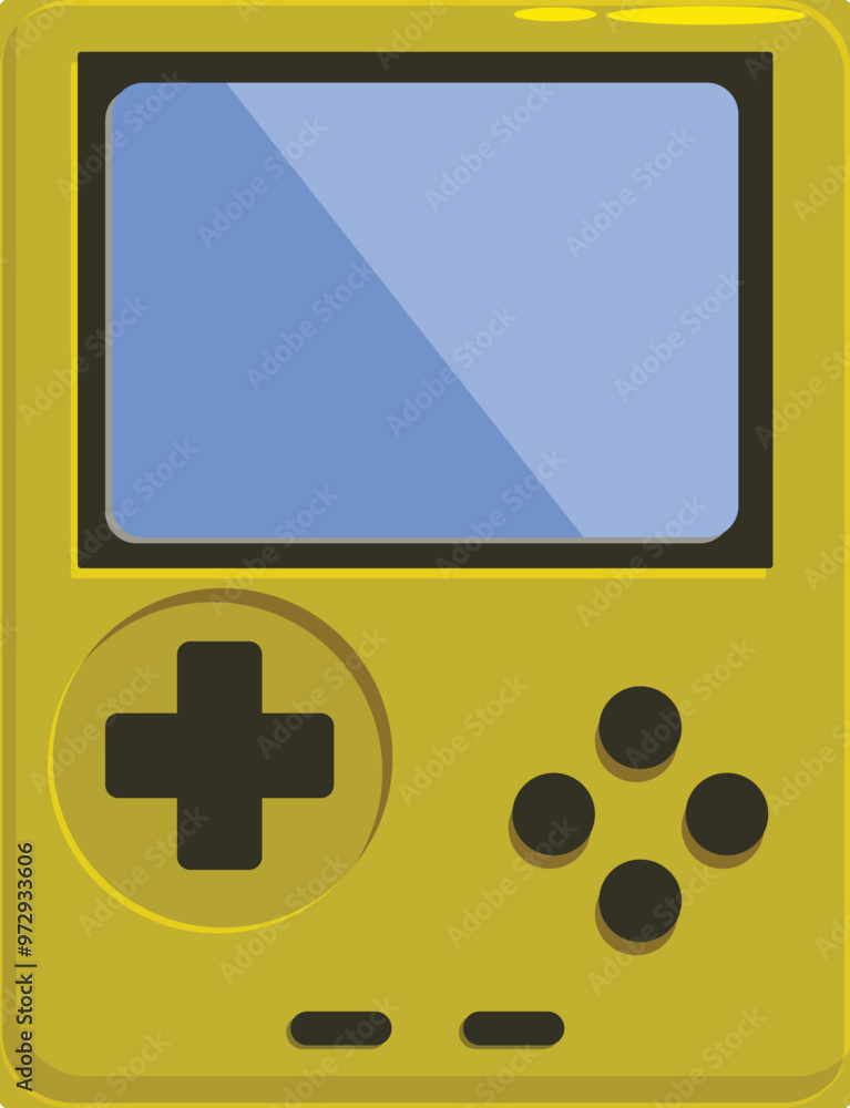 Poster yellow handheld game console with directional pad and buttons displaying blue screen