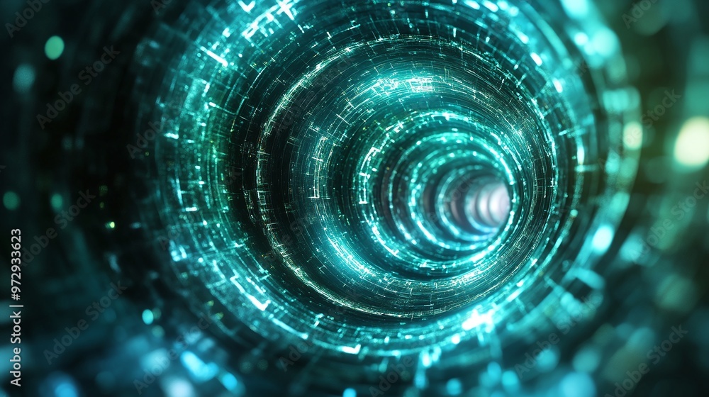 Poster dynamic abstract background with a spiral tunnel design, highlighting glowing green and blue circles