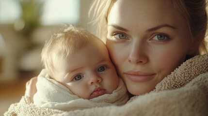 cozy home atmosphere featuring a young mother holding her newborn baby wrapped in a towel, showcasing the joys of parenting