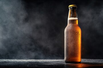 Frosted beer bottle with condensation, set against a dark background for a dramatic effect
