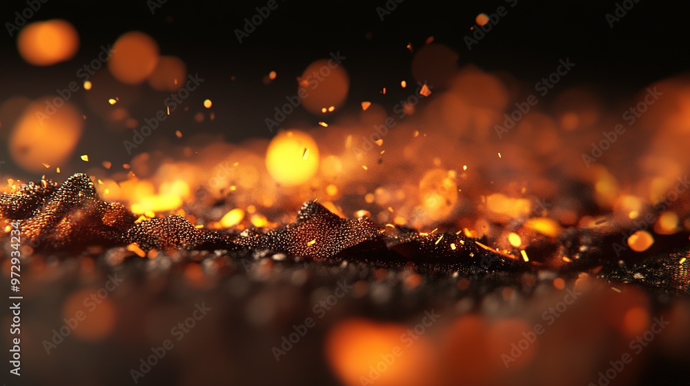 Poster glowing embers scattered on a dark surface with a shimmering effect capturing the essence of heat an