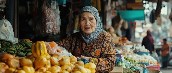 Portrait of the face of an elderly Asian Muslim hijab Indonesian woman selling fruit at a traditional market background wallpaper AI generated image