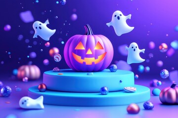 Naklejka premium Spooky Halloween Pumpkin with Glowing Eyes and Ghostly Spirits