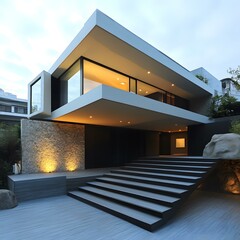 Modern Architecture House with Stone Wall and Stairway