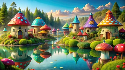 Whimsical fantasy village with colorful mushroom houses by a serene lake , fantasy, village, colorful, mushroom, whimsical
