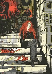 Girl Sitting on Stairs in a Futuristic City