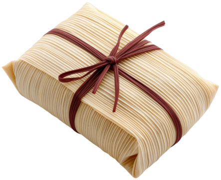 Traditional Japanese wrapped gift in bamboo leaf with decorative red string. cut out, PNG, isolated on transparent background.