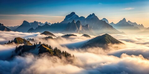 Majestic mountains shrouded in fog , mist, peaks, foggy, serene, tranquil, atmospheric, landscape, nature, outdoors