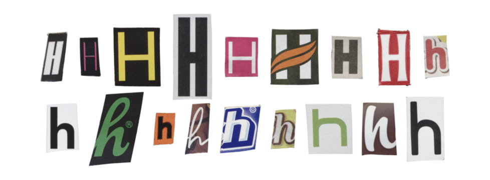 Set of isolated cut-out letter “H” from magazines on a transparent background, retro y2k style