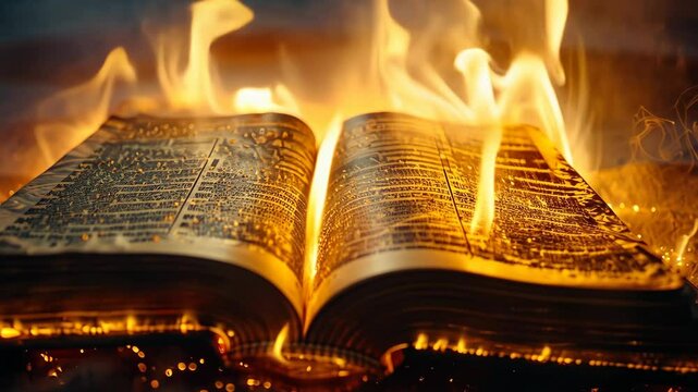 A mystical journey through an ancient book engulfed in flames at dusk