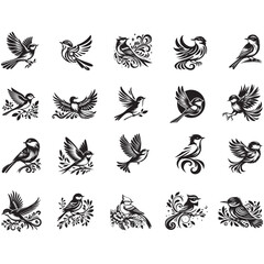 set of silhouettes of blue birds