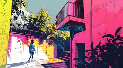 Vibrant Pink and Yellow Building Illustration