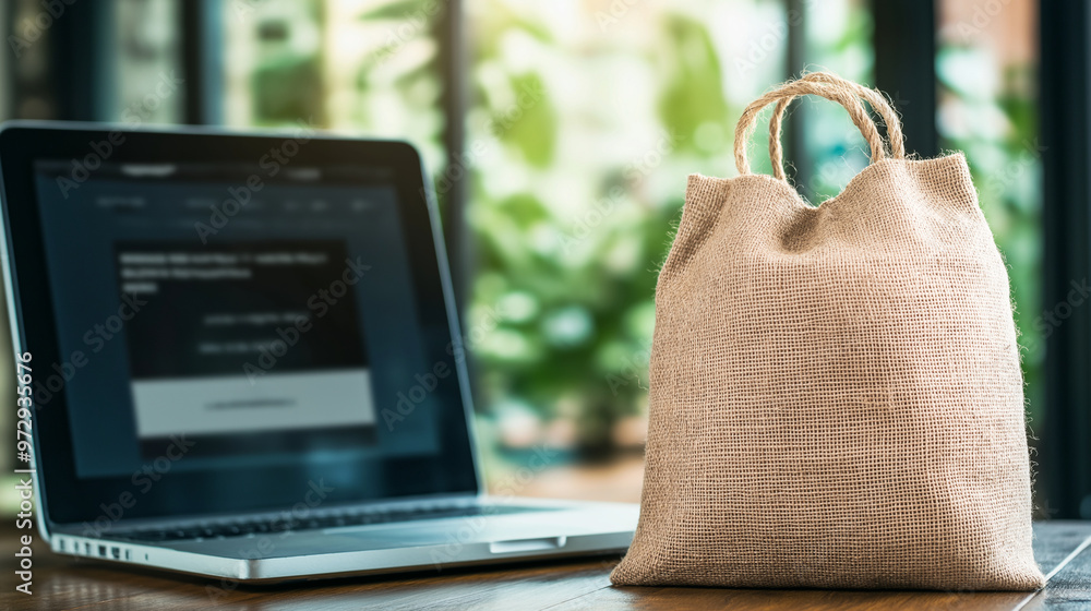 Aufkleber a blank burlap sack sits prominently in front of an open laptop displaying an e-commerce website, sy