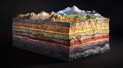 A cross-sectional view of the Earth's crust, showcasing different geological layers, from the surface to the mantle, with clear labels of each layer's composition and depth