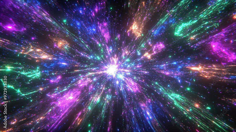 Poster colorful burst of cosmic energy displaying vivid light patterns in a vast space environment