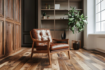 Modern interior of living room with leather armchair on wood flooring mockup. Generative Ai.