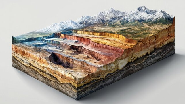 A cross-sectional view of the Earth's crust, showcasing different geological layers, from the surface to the mantle, with clear labels of each layer's composition and depth
