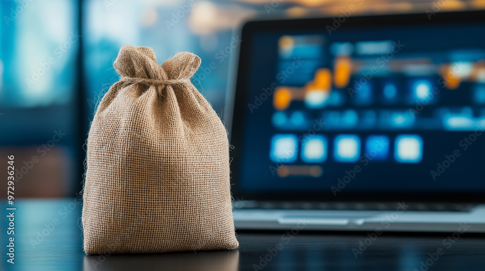 Poster a burlap sack sits empty in front of a laptop displaying a vibrant online marketplace, symbolizing t