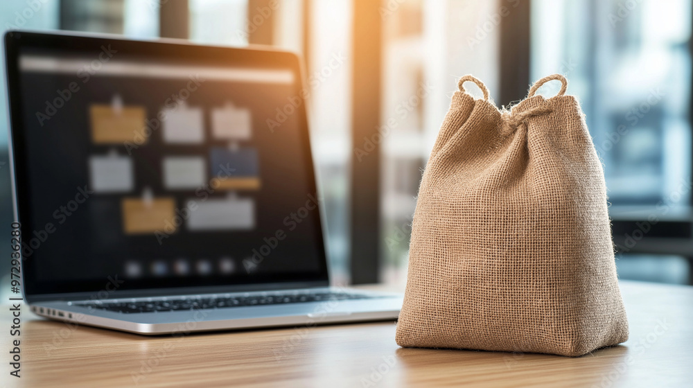 Poster a burlap sack sits empty in front of a laptop displaying a vibrant online marketplace, symbolizing t