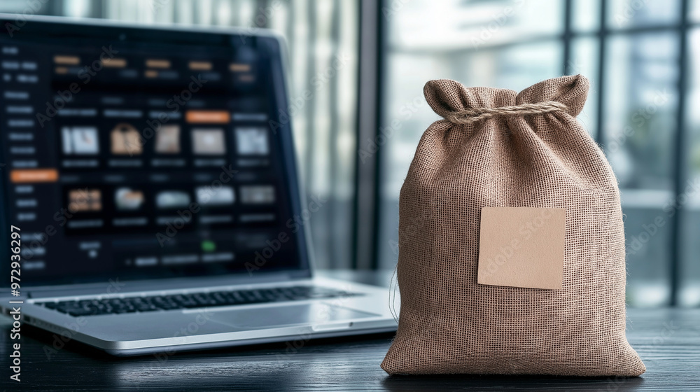 Poster a burlap sack with a blank label is placed before a laptop screen showing various product categories