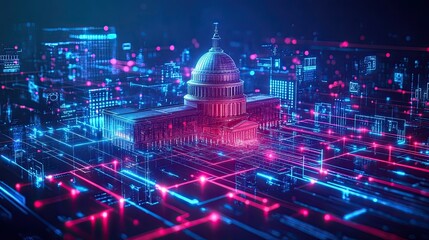 13. Economic policy representation, with a government building on one side and digital data streams flowing towards it, showing the impact of economic decisions on technology and society