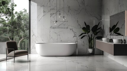 Luxurious minimalist bathroom with large bathtub and plants