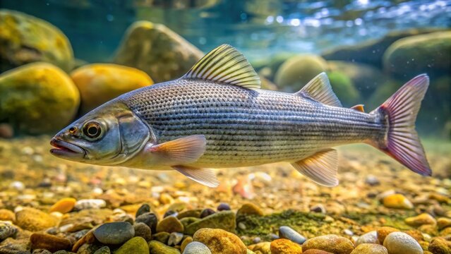 Close up of a beautiful grayling fish swimming in clear freshwater , Grayling, Thymallus thymallus, freshwater, fish