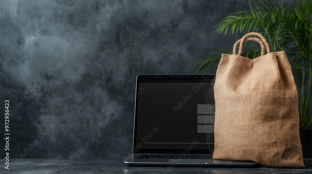 Poster an empty burlap sack stands upright before a laptop showing an online checkout, symbolizing the fusi
