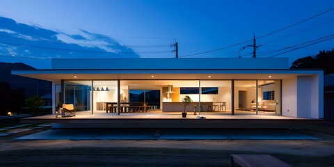Obraz premium Modern Minimalist House With Glass Walls And Deck
