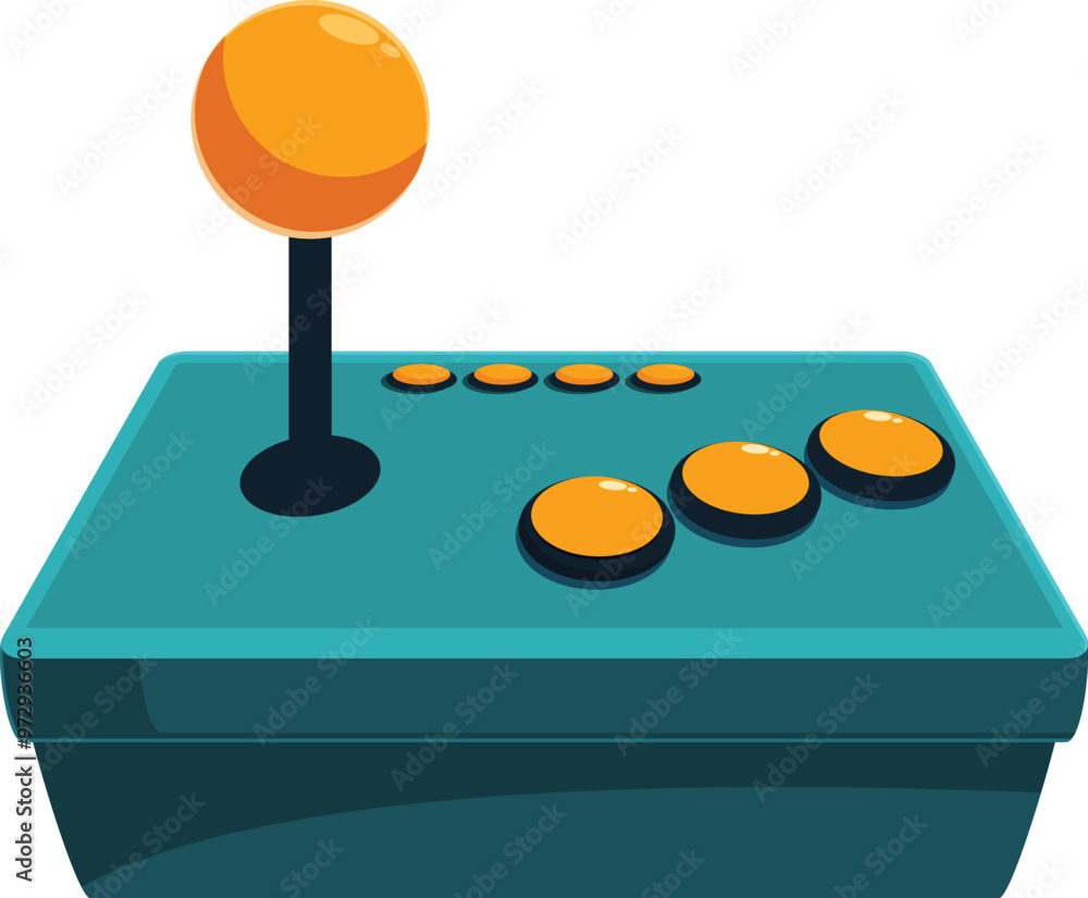 Poster cartoon icon of a vintage rectangular blue gamepad with round yellow buttons and a joystick