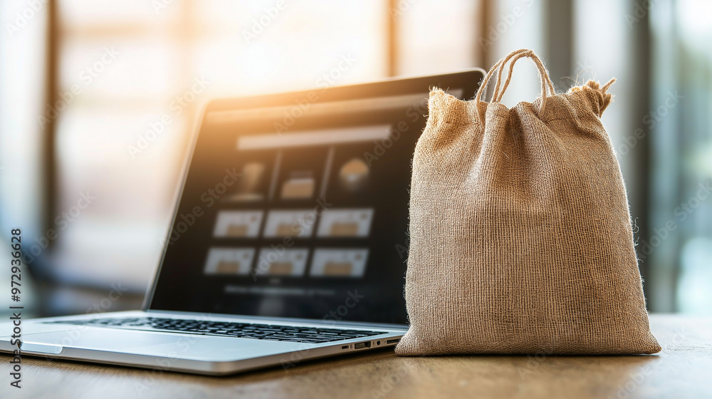 Poster a plain burlap sack rests in front of a laptop displaying a virtual store, highlighting the juxtapos