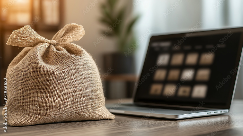 Poster a burlap sack sits open and empty in front of a laptop screen filled with digital product images, sy