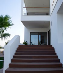 Fototapeta premium Modern Wooden Stairs Leading to a White Building