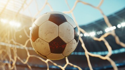 Naklejka premium A soccer ball in motion hitting the net during a match.