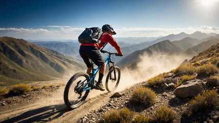 Fototapeta premium a mountain biker speeding down a rocky trail in the wilderness. 
